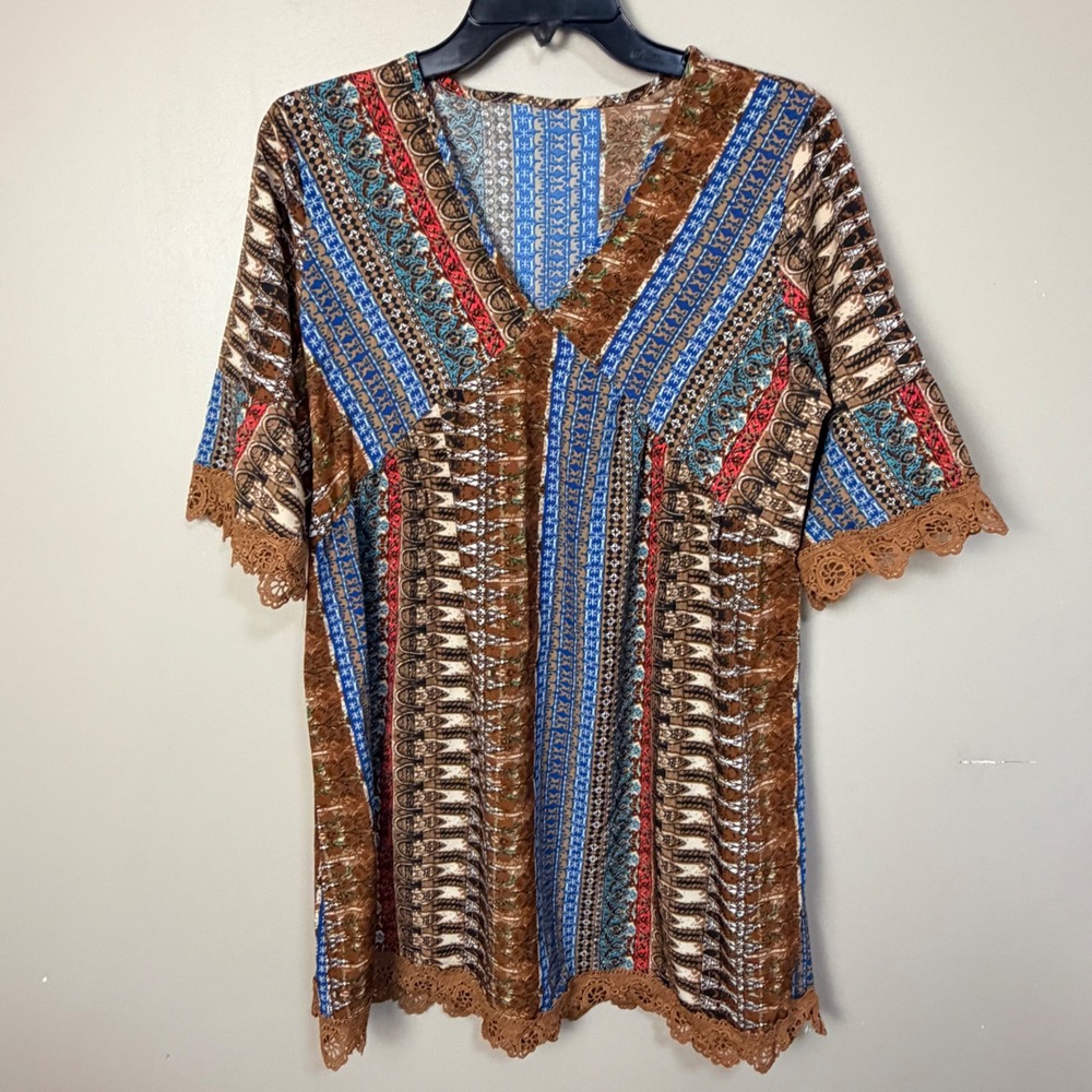 Women Tunic Top Medium Brown Multi Boho Crochet Lace V-Neck Patchwork